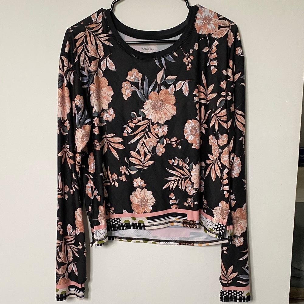 Johnny Was Black and Pink Floral Long Sleeve Top
